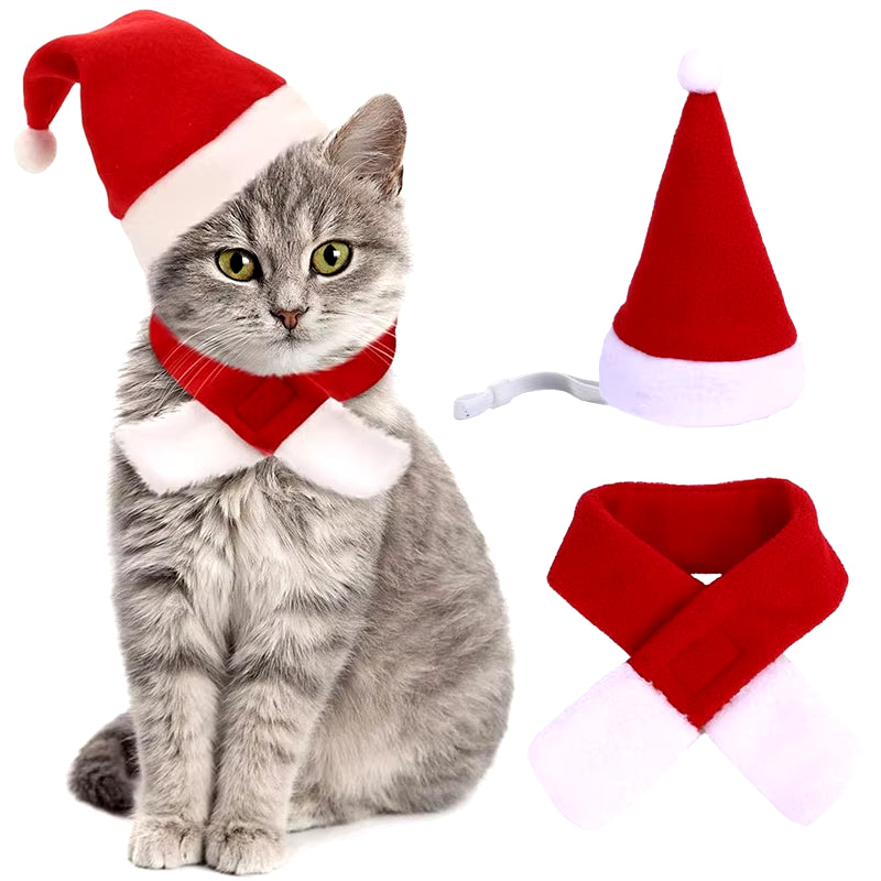 Pet Cat Dog Hat Red Scarf Christmas Pet Costume Set Adjustable Dog Santa Hat Christmas Scarf for Puppy Kitten Small Cats Dogs