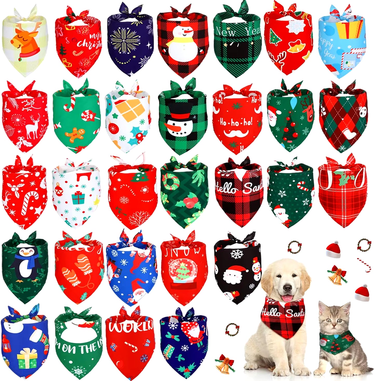 30 Pieces Christmas Dog Bandanas Bulk Xmas Dog Cat Bibs Holiday Pet Costume Dog Christmas Outfit Triangle Scarf Kerchief for Pet